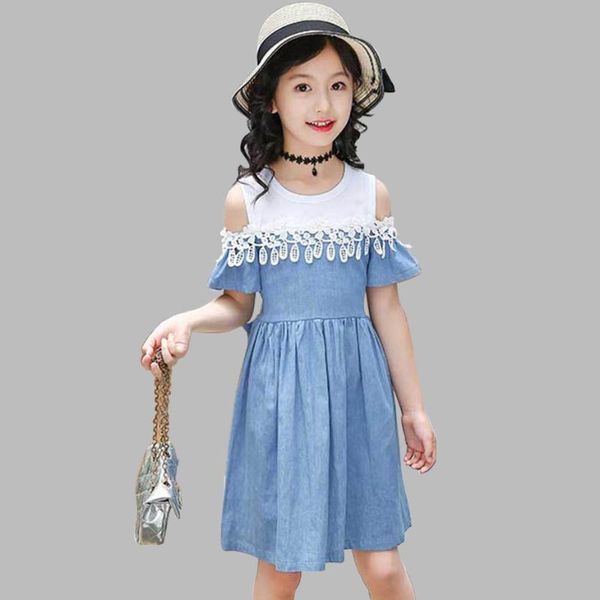 

summer dress for girls lace flower girl party dress off shoulder denim dresses for girls novelty clothes 6 8 10 12 14, Red;yellow