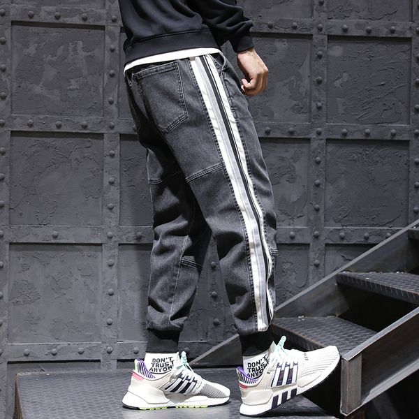 

fashion streetwear men jeans loose fit side stripe deseigner denim cargo pants spliced harem trousers hip hop jeans men joggers, Blue
