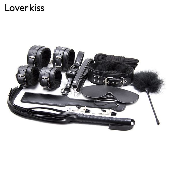 10Pcs / Set Sex Инструменты Bdsm Бандаж Кожа Фетиш Kit Удерживающая Рабыня Секс-игрушка для пар Bdsm Bondage Set Наручники для взрослых Игры Y200616