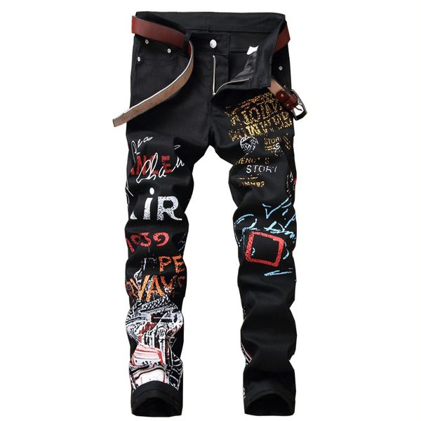 

mens hi street letter printed jeans trousers slim fit straight painted denim pants for male club wear black white, Blue