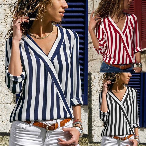 

women clothing striped white blouse long sleeve shirts v neck chiffon loose full blouses cap sleeve 2020 summer new black blue red