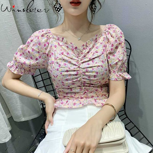 

summer wrinkle ditsy blouse korean style fashion vintage v-neck short women shirt puff short sleeve ropa mujer t07903l, White