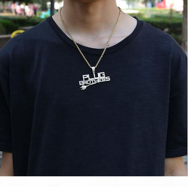 

e 14k gold iced out cz plugbrothers pendant necklace mens gifts hip hop micro pave cubic zirconia simulated diamonds necklace, Silver