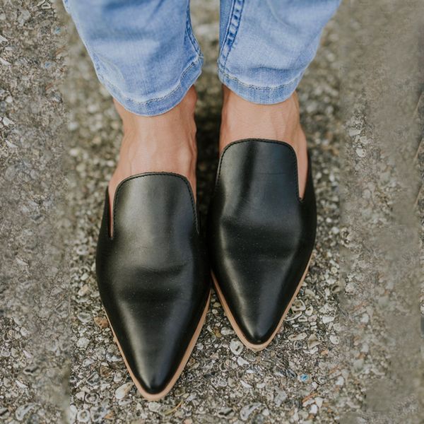 

size 34-41 ladies leather mules shoes women slippers summer flat slippers women shoes point toe outdoor slides zapatos de mujer cs01, Black