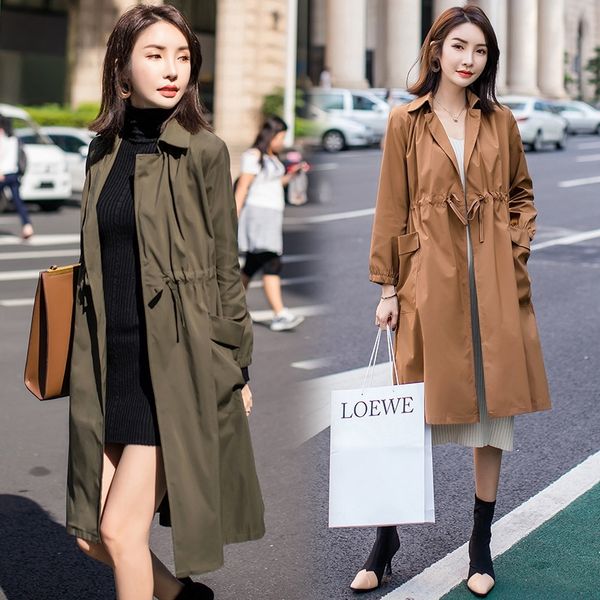 

women's long windbreaker korean autumn 2020 new windbreaker coat fashion loose drawstring waist thin early autumn solid color coat, Tan;black