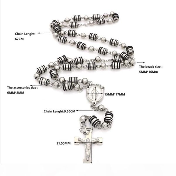 

e sell mens rosary pendant necklace charms black with white steel bead chain beckham for men women fashion jewelry, Silver