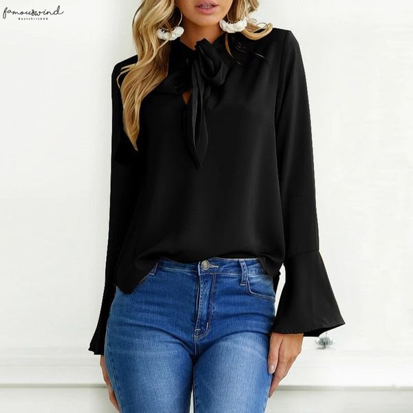 

women blusa feminina long sleeve flare sleeve shirt casual tunic blouse chemisier femme drop shipping, White
