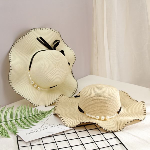 

2020 straw pearl new parent-child straw japanese and korean wave edge hook pearl ribbon big hat summer sunscreen travel hat, Blue;gray