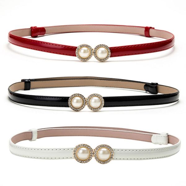 

1pcs adjustable women belt waist elastic thin belts black red white pu leather thin belt dress waistband double pearl buckle, Black;brown