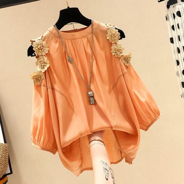 

summer blouse women o-neck half sleeve shirt loose casual blouse ladies large size cold shoulder appliques loose #7.24, White