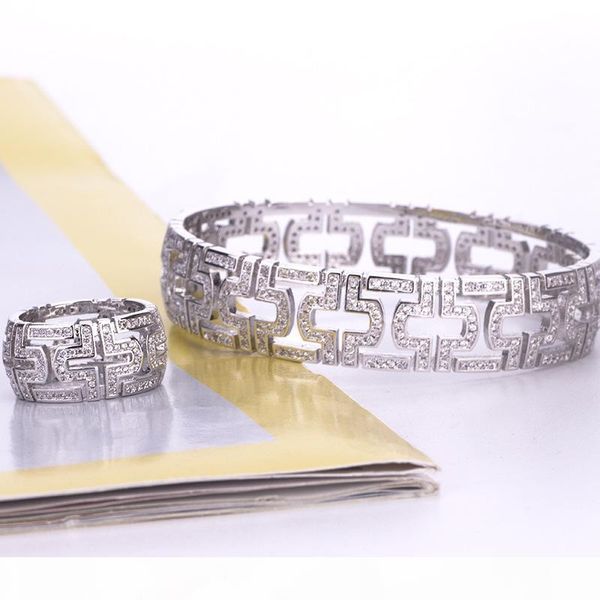

wholesale 2019 new designer full zircon stones paved hollow out bangle bracelet and rings wedding party jewelry sets for women, Silver