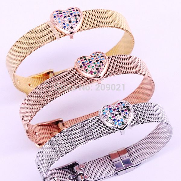 

5pcs rainbow cz micro pave heart connector charm stainless steel watch belt bracelets bangles for women jewelry, Red;blue