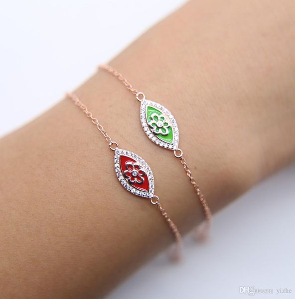 

silver rose gold plated fine 925 sterling silver stamp 925 green red enamel evil eye bracelet, Golden;silver