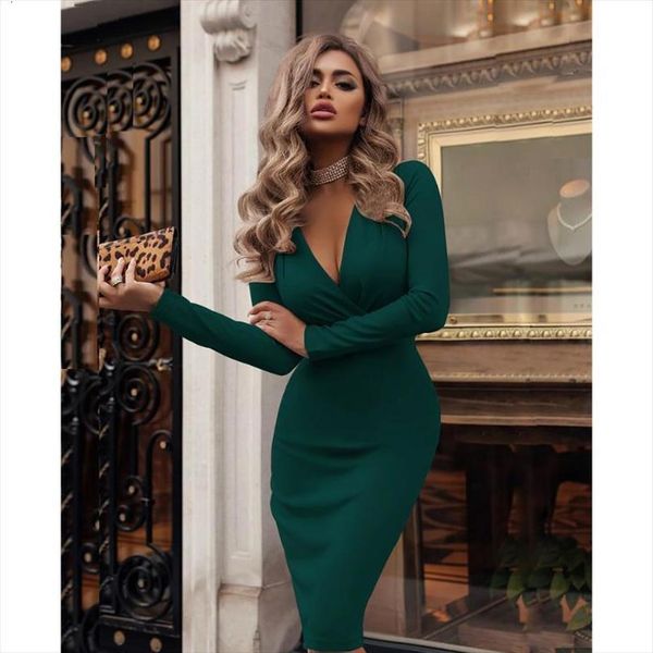 

2020 plus size women bandage bodycon office lady ol clothes summer long sleeve v neck party cocktail short dress, Black;gray
