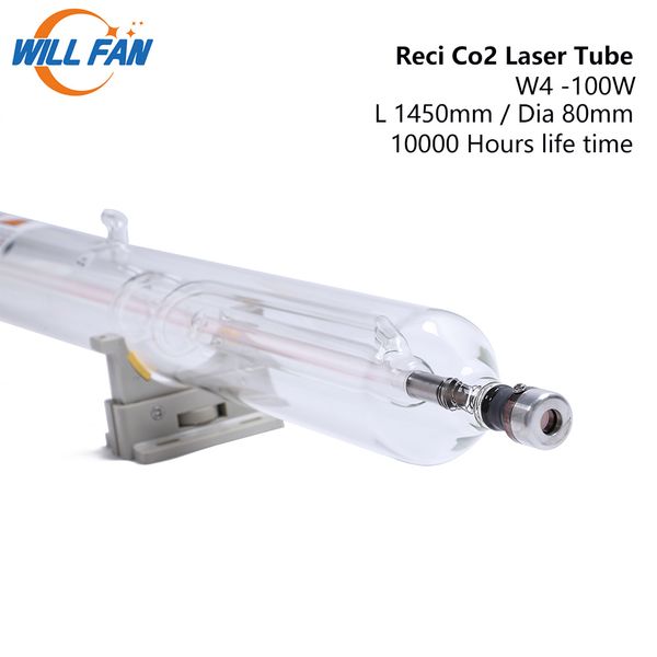 Will Fan Reci W4 100W Co2 Lunghezza tubo laser 1450mm Diamete 80mm Per macchina da taglio per incisione laser 10000 ore Tubo di vetro