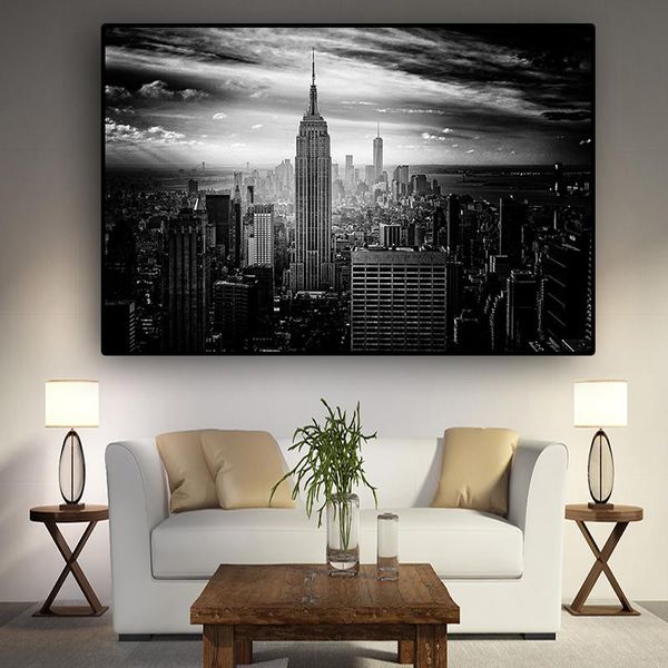 

New York City Manhattan Black White Building Posters Wall Art Pictures Painting Wall Art for Living Room Home Decor (No Frame)