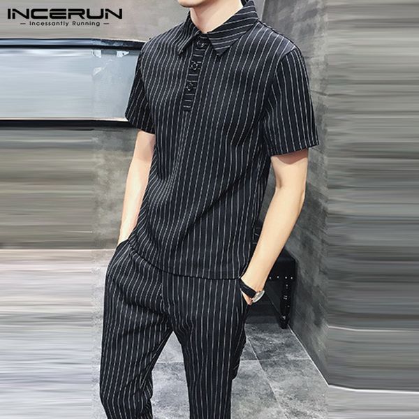 

summer men sets striped short sleeve lapel casual shirt elastic waist pants streetwear fashion men suit 2 pieces s-5xl incerun, Gray