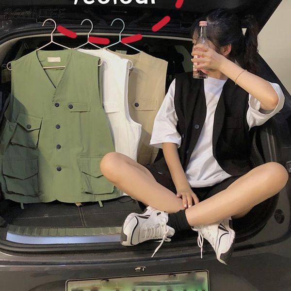 

vests women ins vintage cargo chic summer couples college teens sleeveless outwear harajuku basic simple pocket ladies jacket, Black;white