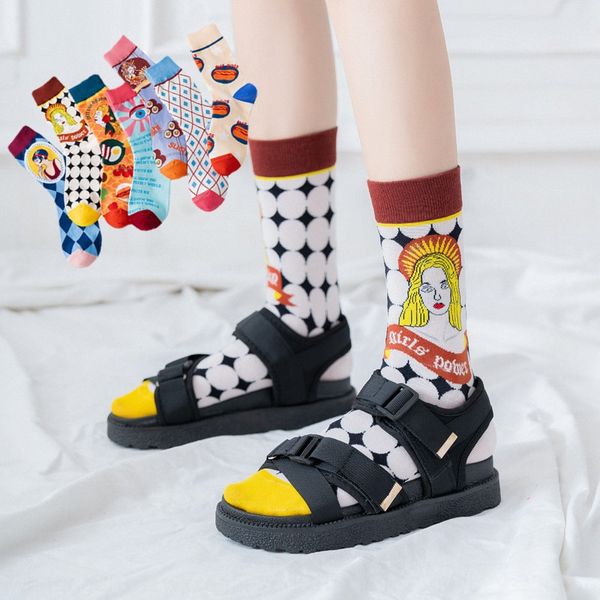 

spring summer new cotton fashionable personalized fashionable cartoon characters men's and women's and socks mid-calf socks, Pink;yellow
