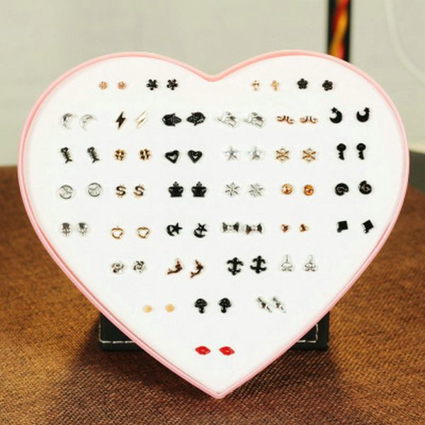

2016 lubingshine women 36 pairs lot cute acrylic small stud earrings sets girl fashion party birthday jewelry with heart gift box queen66 wr, Golden;silver