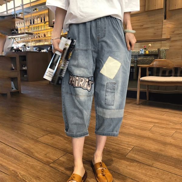 

письмо вышитого рыхлый большого размера для женщин 2020 летней щиколоток брюки джинсы и джинсы новой упругих талий девять-точки шаровары, Blue