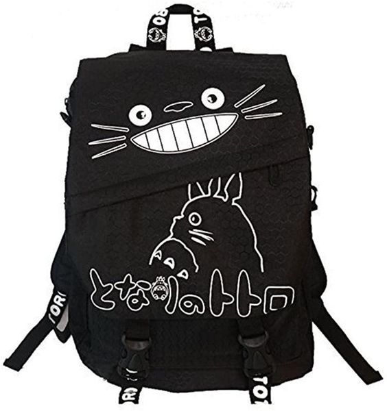 

totoro smiling black backpack with white lettering 16" school backpack