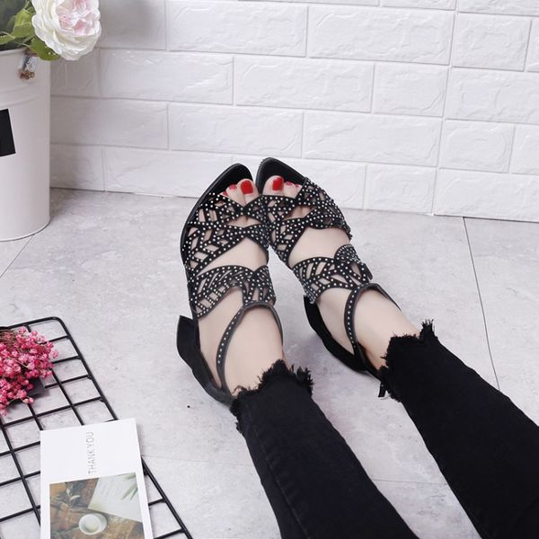 

2020 fashion new sandals women's sandals with fish mouth thick heel solid color rhinestone zipper, Black