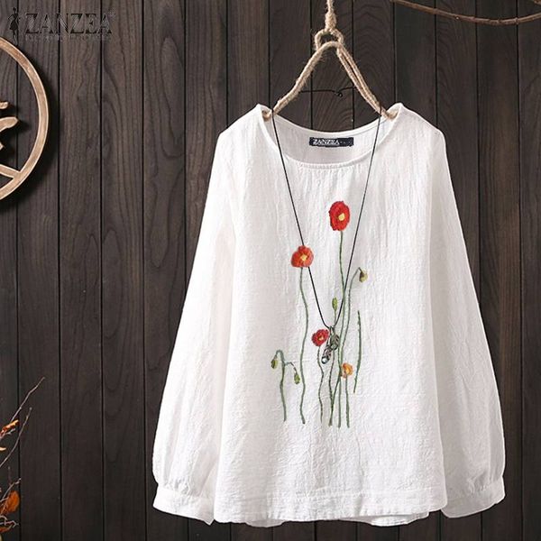 

2020 autumn floral printed shirts zanzea vintage cotton linen blouse women casual long sleeve tunic blusas female chemise, White