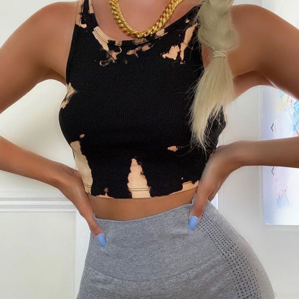 

casual women's fitness tie dyed print yoga shirts quick dry skinny running tank vest tight short slim fit sport top, White;red