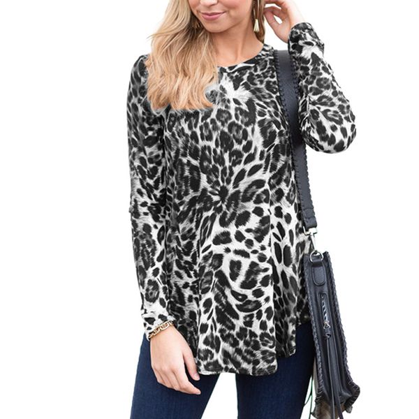 

womens designer tshirt long sleeved crew neck leopard print tees fashion loose cacual female clothes, White