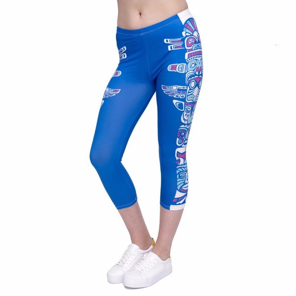 

unique design summer women capri leggings totem blue printing mid calf 3 4 trousers movement leggins capri pants, Black
