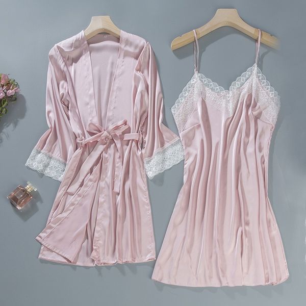 

satin sleepwear kimono bathrobe gown female satin 2pcs sleep set nighty&robe nightgown lace home clothes nightdress, Black;red
