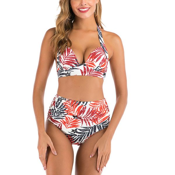 

flamingo nylon womens swimsuit 2020 stripe bikini 15style cherry leaf pattern swimwear women high waist solid color bikini, White;black