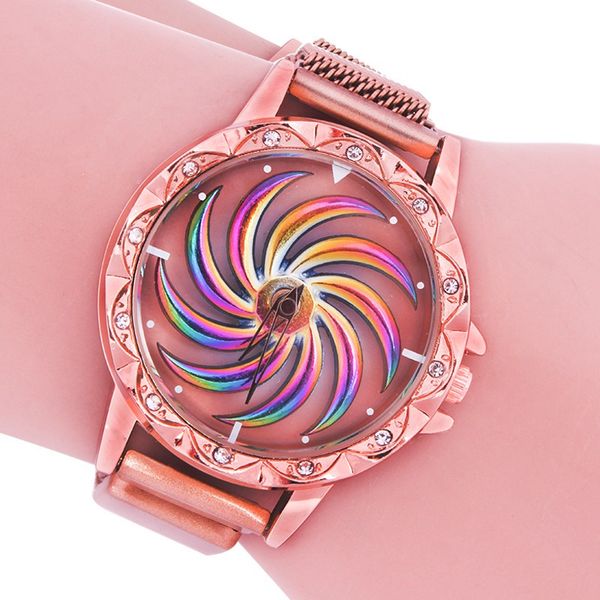 

wholesale fashion good looks quartz watch rotating dial with magnetic strap spinner wristwatches ing, Slivery;brown
