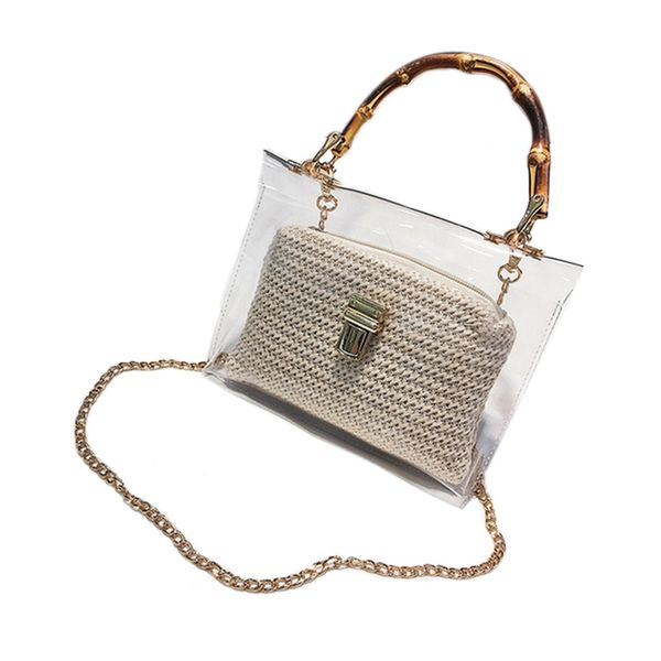

transparent bag for women handbag with bamboo handle summer small chain crossbody bags ladies straw beach bags(beige
