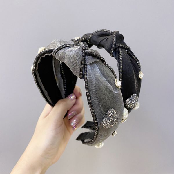 

2020 new women elegant pearl rhinestone crystal hairbands headband girls simple gauze knotted wide-side hair hoop bands accessories, Silver