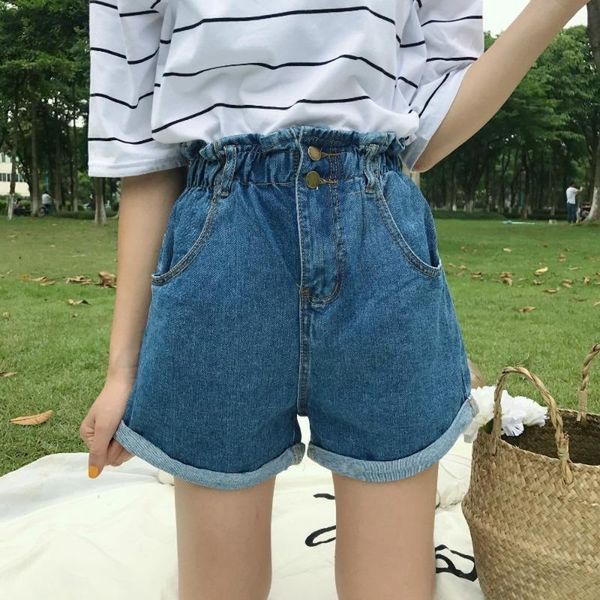 

street elastic waist shorts loose high waist jean shorts blue womens cotton summer wide leg curl gray ruffles harlan, White;black