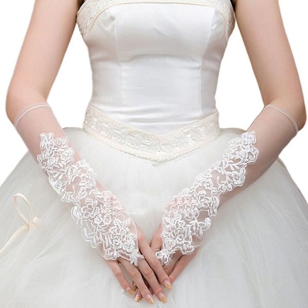

womens romantic sheer mesh fingerless long gloves embroidery floral lace applique wedding bridal mittens, White