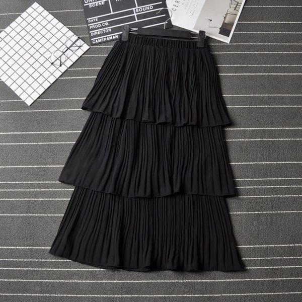 

women cake skirt summer pleated solid color skirt high waist long paragraph skirt thin fairy cake, Black