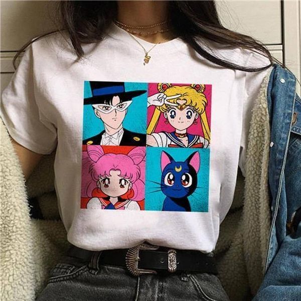 

sailor moon harajuku t shirt women funny vintage aesthetic t shirt korean style cute cat tshirt tees female t shirt, White