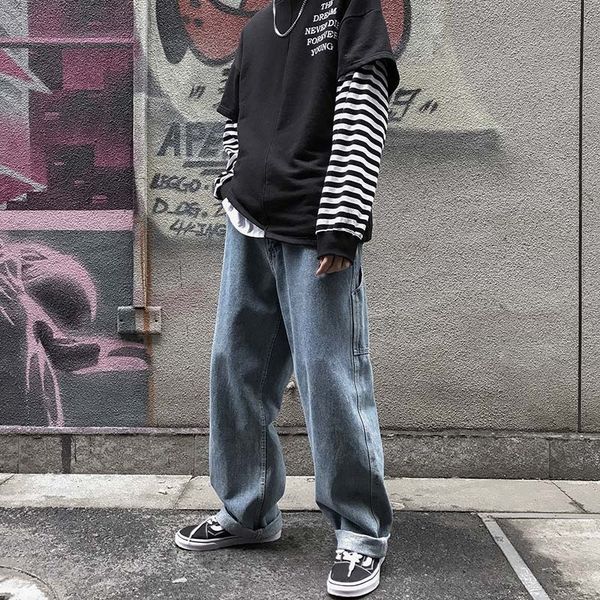 

boys' trendy student jeans falling wide-leg loose straight jeans 9-point pants 9-fen ku 9 fen ku ins 9-point pants, Blue