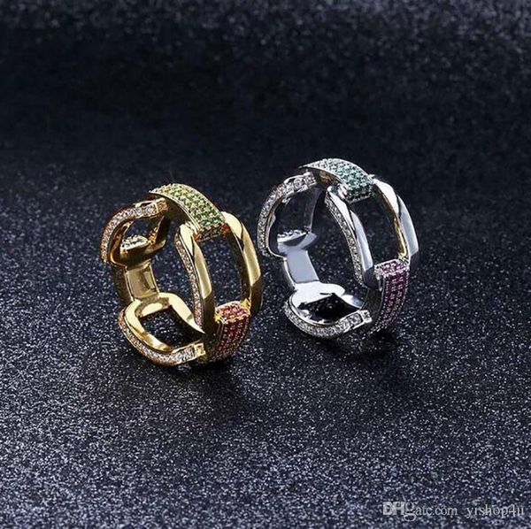 

mens 18k yellow gold plated prez link rings eternity gold cz bling ring hip hop iced out colorful cubic zirconia micro pave diamonds ring, Golden;silver