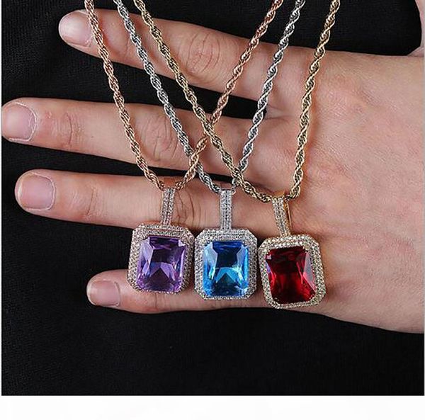 

18k gold gem stone красный синий фиолетовый черный lab рубин ожерелье micro pave bling bling подвеска хип-хоп ювелирных изделий, Silver