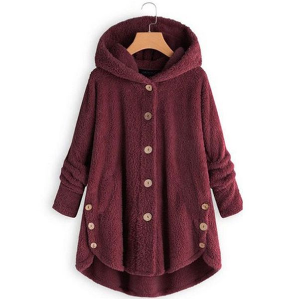 

winter coats hooded fleece fluffy button warm padded jacket women casual pocket single breasted solid parkas outwear plus size, Black