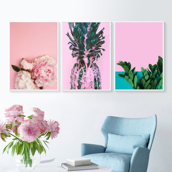 

nordic posters and prints pink peony flower pineapple canvas art painting modern home decoration green plants wall art picture