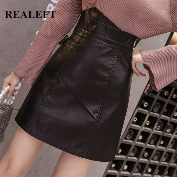 

realeft autumn winter new 2020 black pu leather a-line skirts vintage office wrap skirts high waist mini female