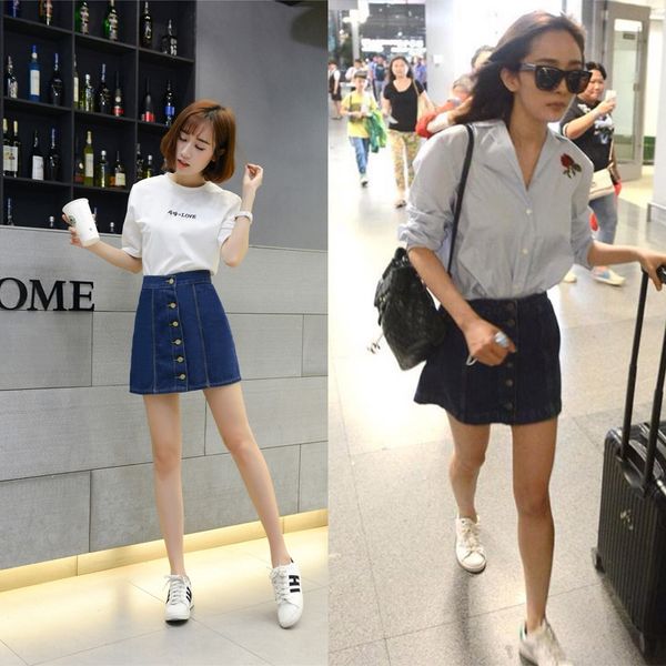 

2019 summer song huiqiao yang mi stars same style korean style student a- line dress a- line denim skirt denim skirt, Black