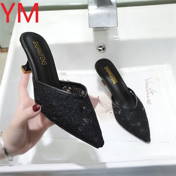

2020 women sandals slip-on shoes mesh (air mesh) party high heel stiletto casual pumps gladiator pointed toe shallow sandal, Black