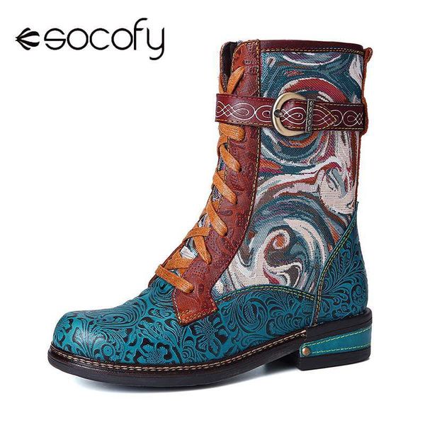 

socofy botas mujer embossed genuine leather splicing fancy pattern lace up zipper flat short boots ladies shoes women winter y200723, Black