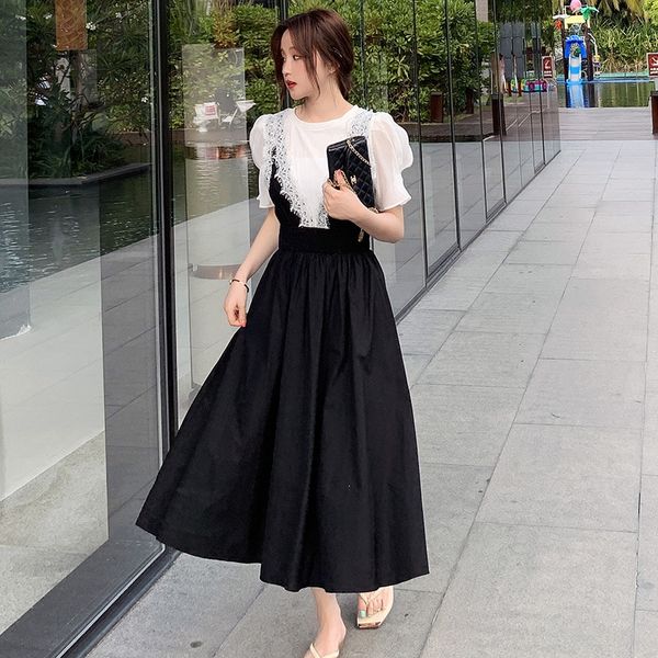 

stem orange skirt fairy super fairy mori summer french slimming black long long skirt dress dress fake two pieces, Black;gray